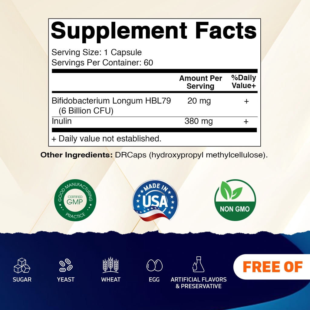 Vitamatic Bifidobacterium Longum 6 Billion CFU per DR Capsule - 60 Count - Promotes Intestinal Health - Made with Prebiotic Inulin Fiber- 2 Pack
