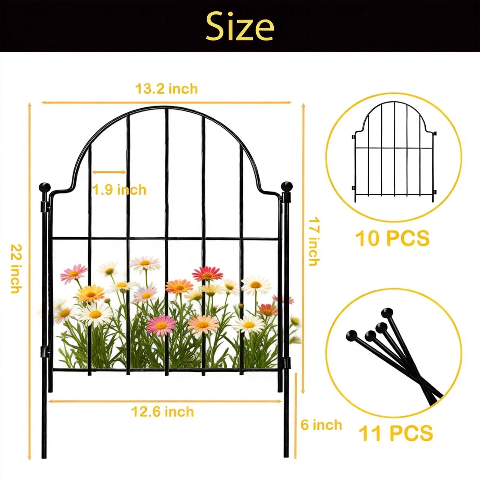 10Pcs Decorative Garden Fence, Rustproof Metal No Dig Garden Fencing Border, Total 22 in(H) x 10.83 ft(L) Outdoor Animal Barrier,Arched