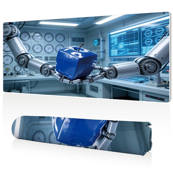 LIVEKEY Extra Large Mouse Pad Robotic Arm with Blue Apple High Tech Lab Design 80x40x0.3cm Full Desk Coverage Non Slip Surface Durable Easy Clean Stitched Edges for Gaming and Office
