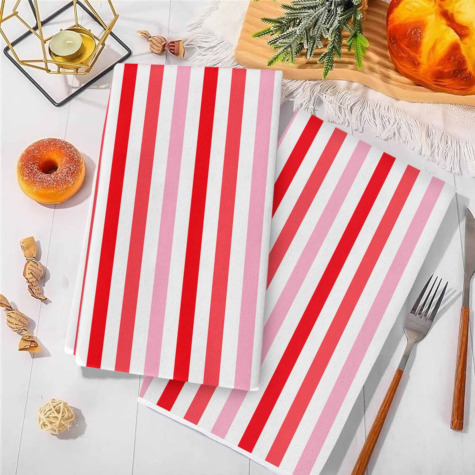 Dish Towels, Pink Red Stripes Absorbent Kitchen Towels 2 PCS, Lines Striped Microfiber Hand Towels Dish Cloths Tea Towels for Home&nbsp;Bathroom Cleaning Drying,18X28-Inch,