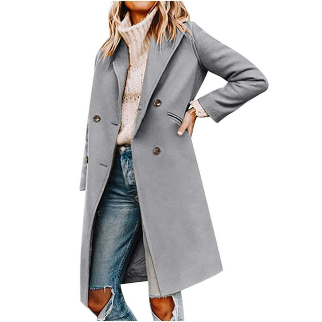 IROINID Manteau Long Décontracté pour Femme à Revers Cranté, Trench Uni à Manches Longues, Gris