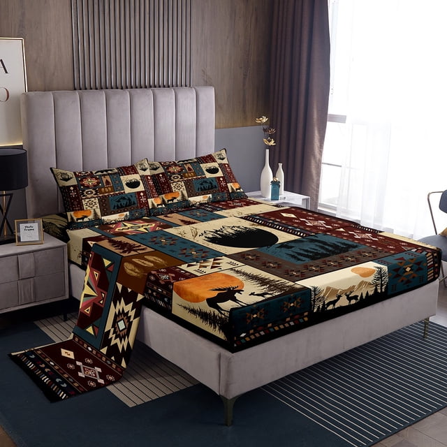 Erosebridal Tribal Aztec Sheet Set Full, Rustic Elk deer Bedding Sets Full Size, Triangle Geometry Decor