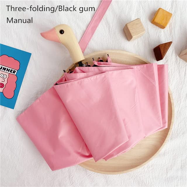 Cute Duck Head Wooden Handle Folding Umbrella for Sun and Rain Protection