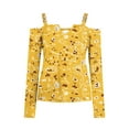 thumbnail image 4 of WREESH Womens Fashion Off The Shoulder Tops Slim V Neck Casual Patchwork Color Printing T-Shirts Long Sleeve Pullover Blouse Tops Yellow, 4 of 5