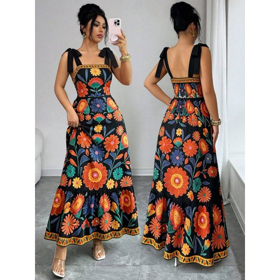 Black Bohemian Floral Print Tie-Shoulder Smocked Waist Maxi Dress For Summer Vacation