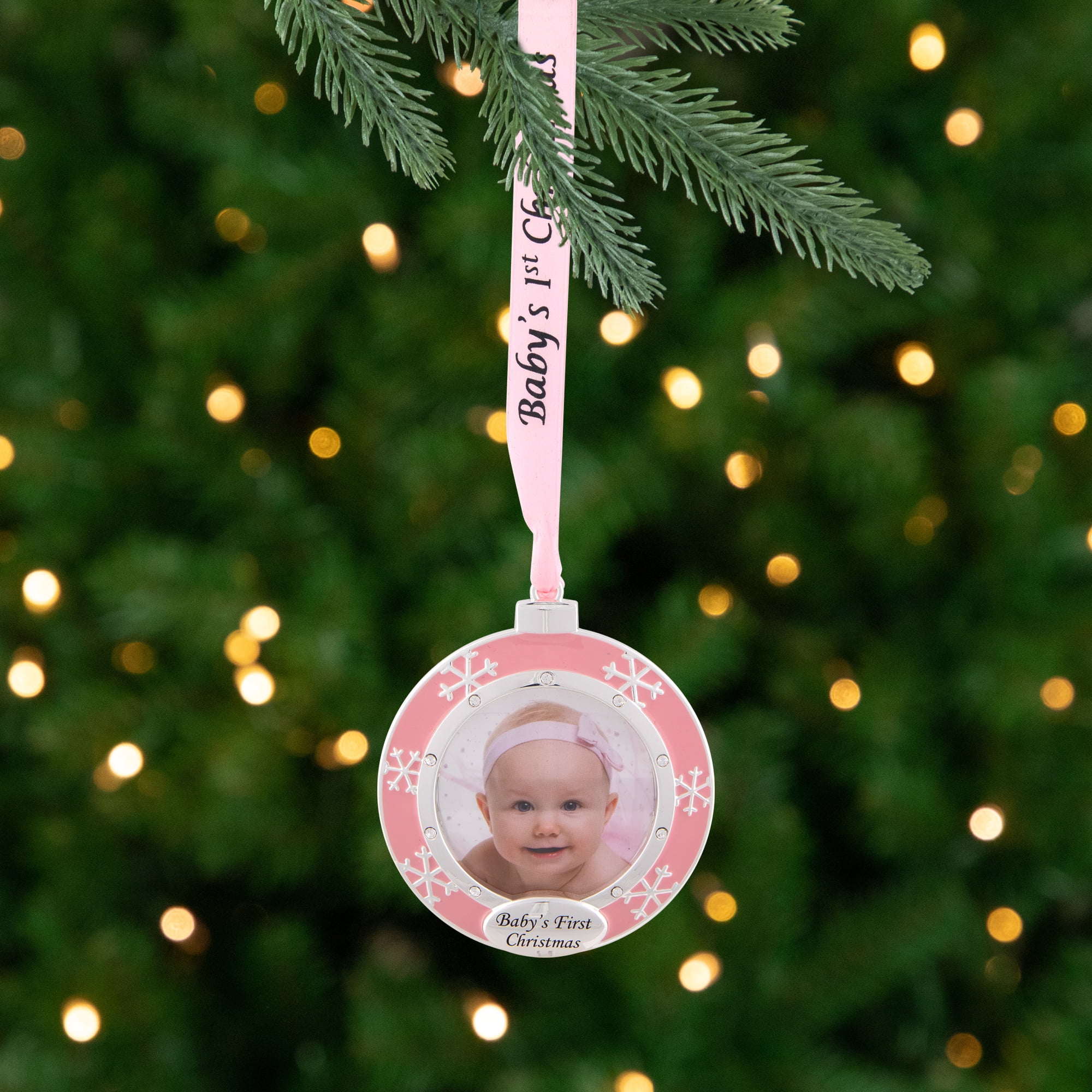 Baby's First Christmas Photo Ornament with European Crystals - 3" - Silver and Pink