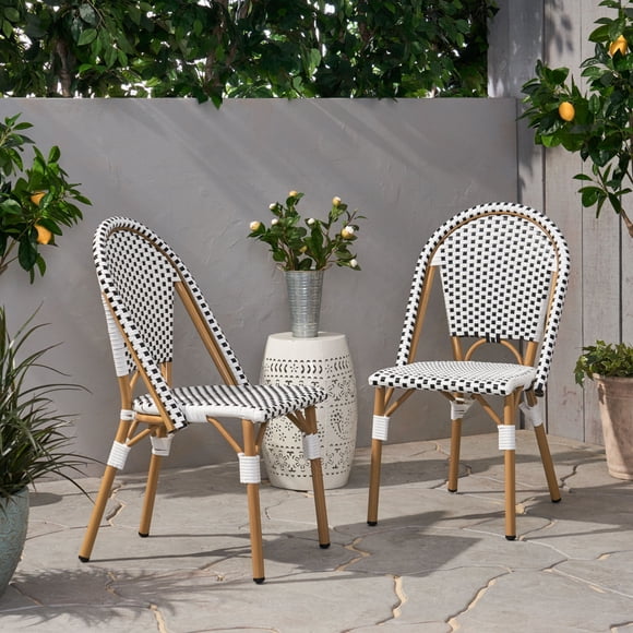 Kosynda Outdoor Bistro Chairs Set of 2, Aluminum Wicker Chairs for Outdoor Patio Porch Garden, Bamboo Print Finish, Black & White