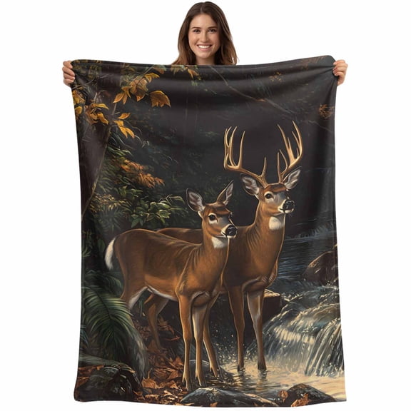 Autumn Deer Blanket Soft Cozy Warm Throw Blanket for Couch, Plush Fuzzy Flannel Fleece Blankets for Sofa, Forest River Elk Vintage Bed Blankets Lightweight Gifts for Women, 50"x80"