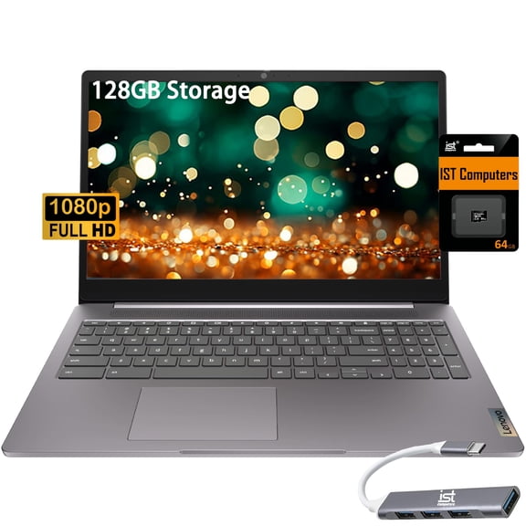 Lenovo Ideapad 3 Chromebook 15 (15.6" FHD, 4GB RAM, 128GB Storage (64GB eMMC 64GB IST SD Card), Intel Celeron), Home & Student Laptop, IST HUB, 10-Hr Long Battery Life, Wi-Fi 6, Chrome OS