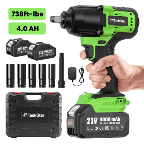 TaskStar 1000N.m (738ft-lbs) 1/2" Cordless Impact Wrench with 5 Sockets, 2 x 4.0Ah Battery & Storage Case - Heavy-Duty Brushless Electric Impact Tool