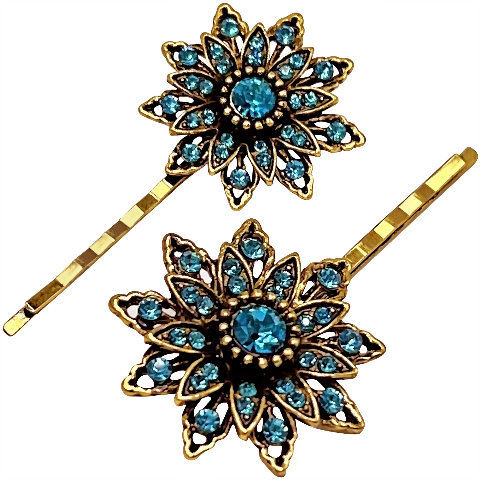 SELECTIVE ACCENTS Sparkling Blue and Gold Hair Pin Set for Women