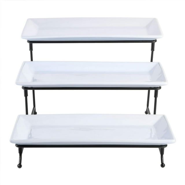 Gibson Elite Gracious Dining Service d'assiettes à 3 niveaux avec support en métal, blanc, grès