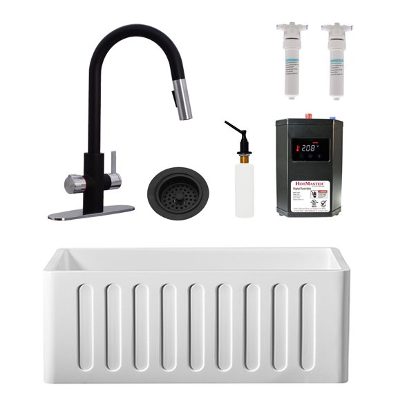 Westbrass BK124WH-6220 24" Single Bowl Reversible Apron Front Solid Surface Kitchen Sink with 4 in 1 Faucet, Dual Water Filters, Soap Dispenser and Drain Trim, Matte Black/Stainless Steel