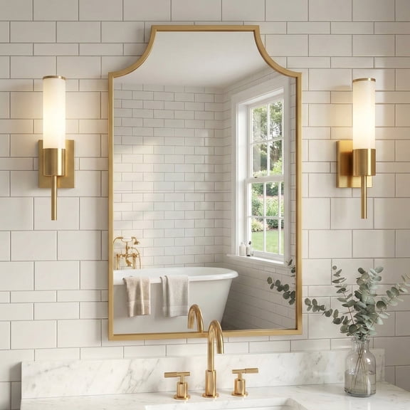 YAURA 24"x36" Gold Bathroom Vanity Mirror, Scalloped Cut-Corner Metal Wall Mirror, Art Deco Transitional Decor, Rustproof (1-Pack)