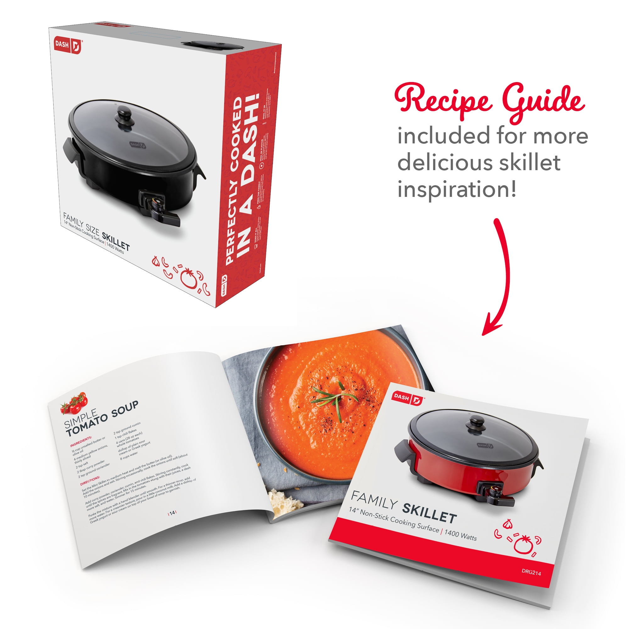 Dash Family Size Electric Skillet with 14 inch Nonstick Surface + Recipe Book for Pizza Burgers, Cookies, Fajitas, Breakfast & More, 20 Cup Capacity, 2.5 Inch Deep, 1400-Watt - Black