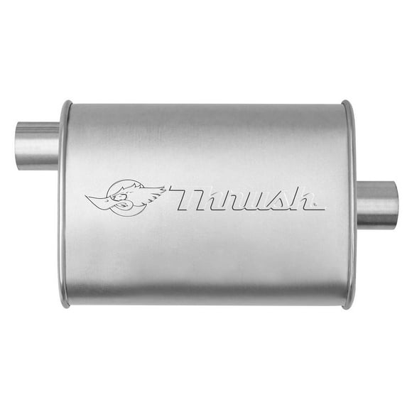 Dynomax Exhaust Muffler 17631 Hush Thrush; 9-3/4 Inch Length X 4-1/4 Inch Aluminized Steel Case; 2-1/4 Inch Offset Inlet; 2-1/4 Inch Center Outlet; 14 Inch Case Length/18-1/2 Inch Overall Length