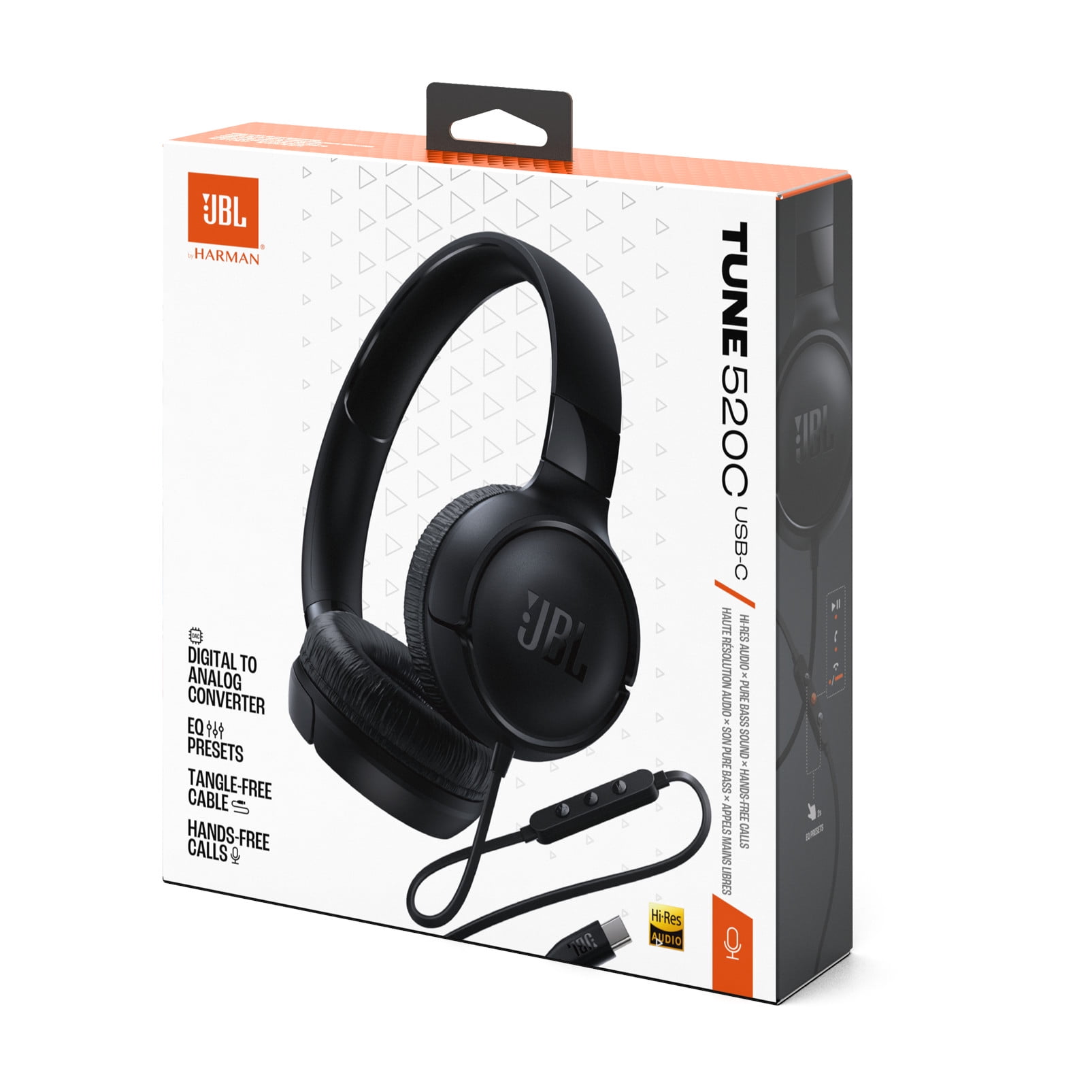 JBL Tune 520C - USB-C Wired on-ear headphones with Hi-Res Audio support, JBL Pure Bass Sound, comfort fit, USB-C connectivity, 3-button remote with microphone and EQ presets control (Black)
