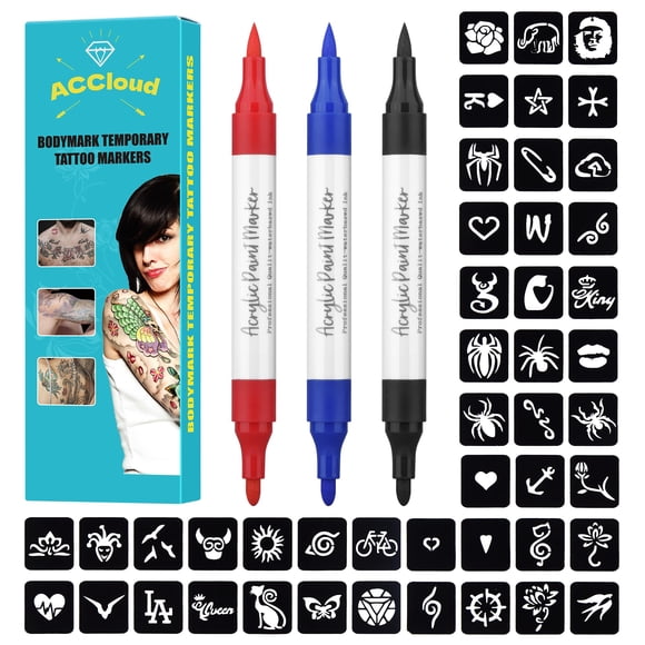 Kit de marcadores de tatuaje temporales para rotuladores de pintura para la piel, 3 marcadores corporales + 63 plantillas de tatuaje, kit para niños y adultos, punta de pincel flexible, para la piel