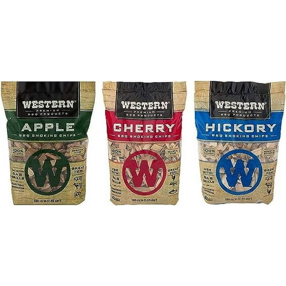 Western Popular BBQ Smoking Wood Chip Variety Pack Bundle (3) - Popular Flavors - Apple & Hickory, with Cherry