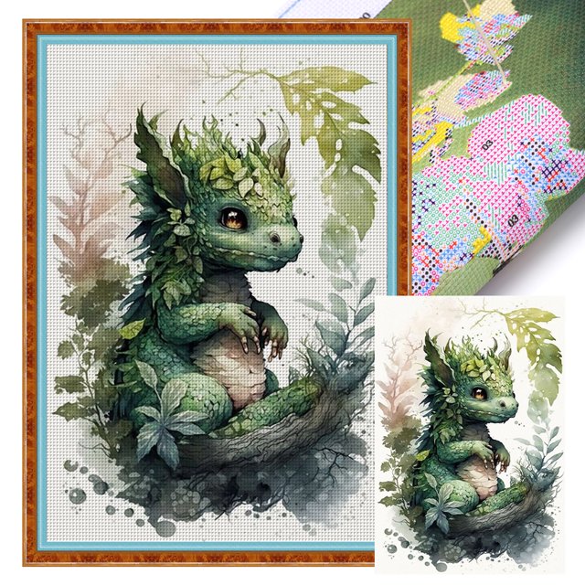 (11CTACC-4724__C__40X60) Hilo algodón ecológico bordado 11CT 3 hebras impresión 40*60cm dragón verde en el kit serie punto cruz