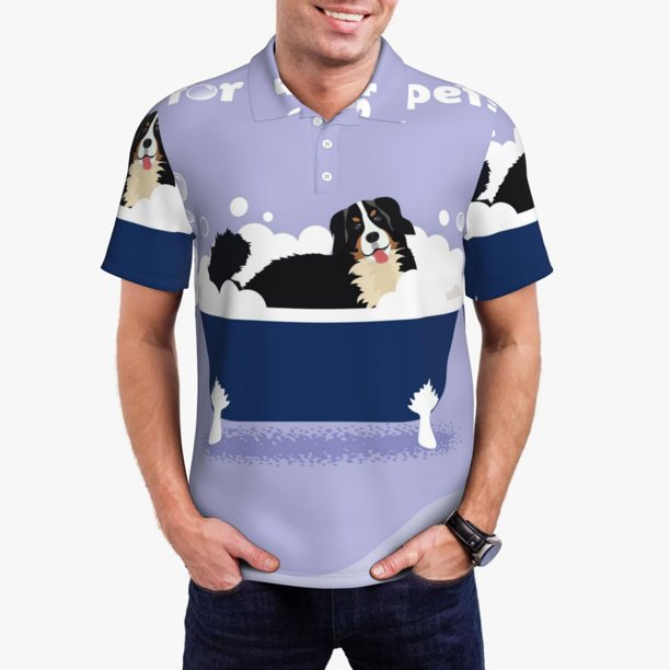 Balery Bernese Mountain Dog Sitting Bath Tub Camisa Polo de Hombre con Estampado, de Manga Corta y Tejido Medio, Camisa Tipo Golf Polo-3X-Large