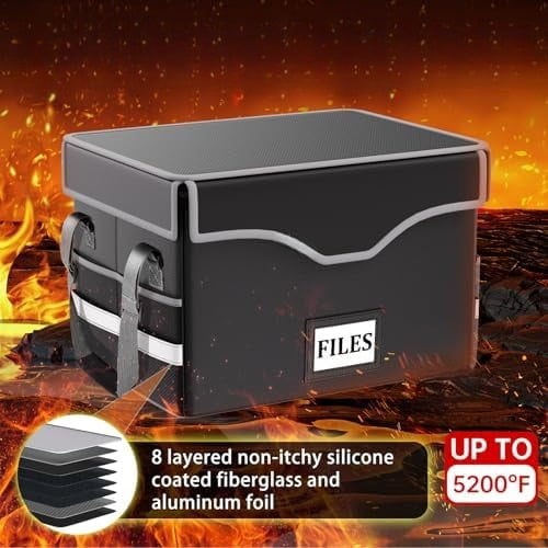 5200°F Fireproof Document Box with Lock,Heat Insulated File Organizer Storage with Pockets,Collapsible Portable Home Office File Safe Box with Handle for Hanging Letter/Legal Folders, Black