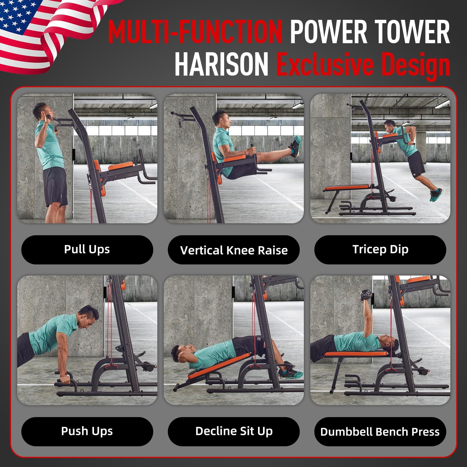 HARISON Multifunction Power Tower with Bench Pull Up Bar Dip Station, Squat Rack with 660LBS Capacity for Home Gym, Workout Strength Training Equipment
