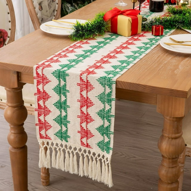 Bandera bohemia de Navidad con borlas anudadas • Algodón tejido rojo y verde • Decoración de mantel largo (33x180cm, 33x220cm, 33x280cm, 33x330cm)