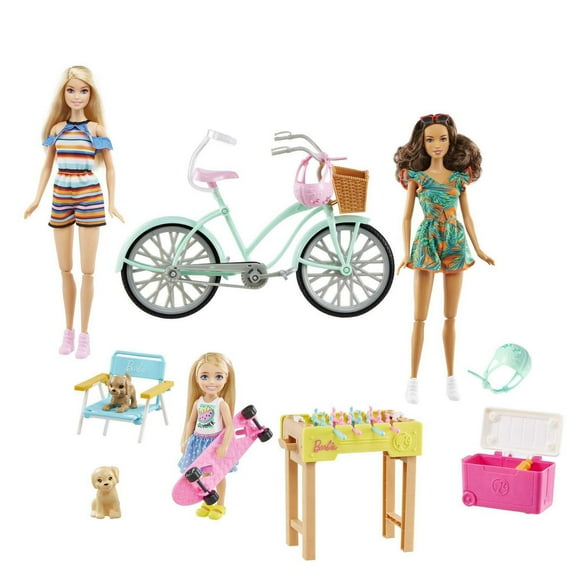 Barbie Backyard Fun Gift Set with 2 Barbie Dolls, Chelsea Doll, Pet Puppies, Bicycle, Skateboard, Game Table & Accessories
