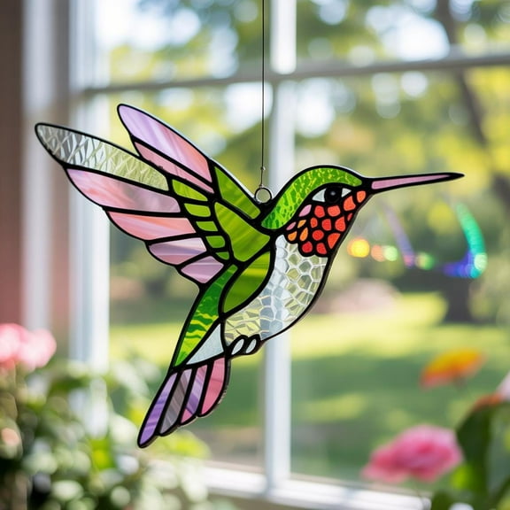 Hummingbird Acrylic Suncatcher Hummingbird Window Hanging, Stained-Glass Style Bird Ornament, Garden Window Decor
