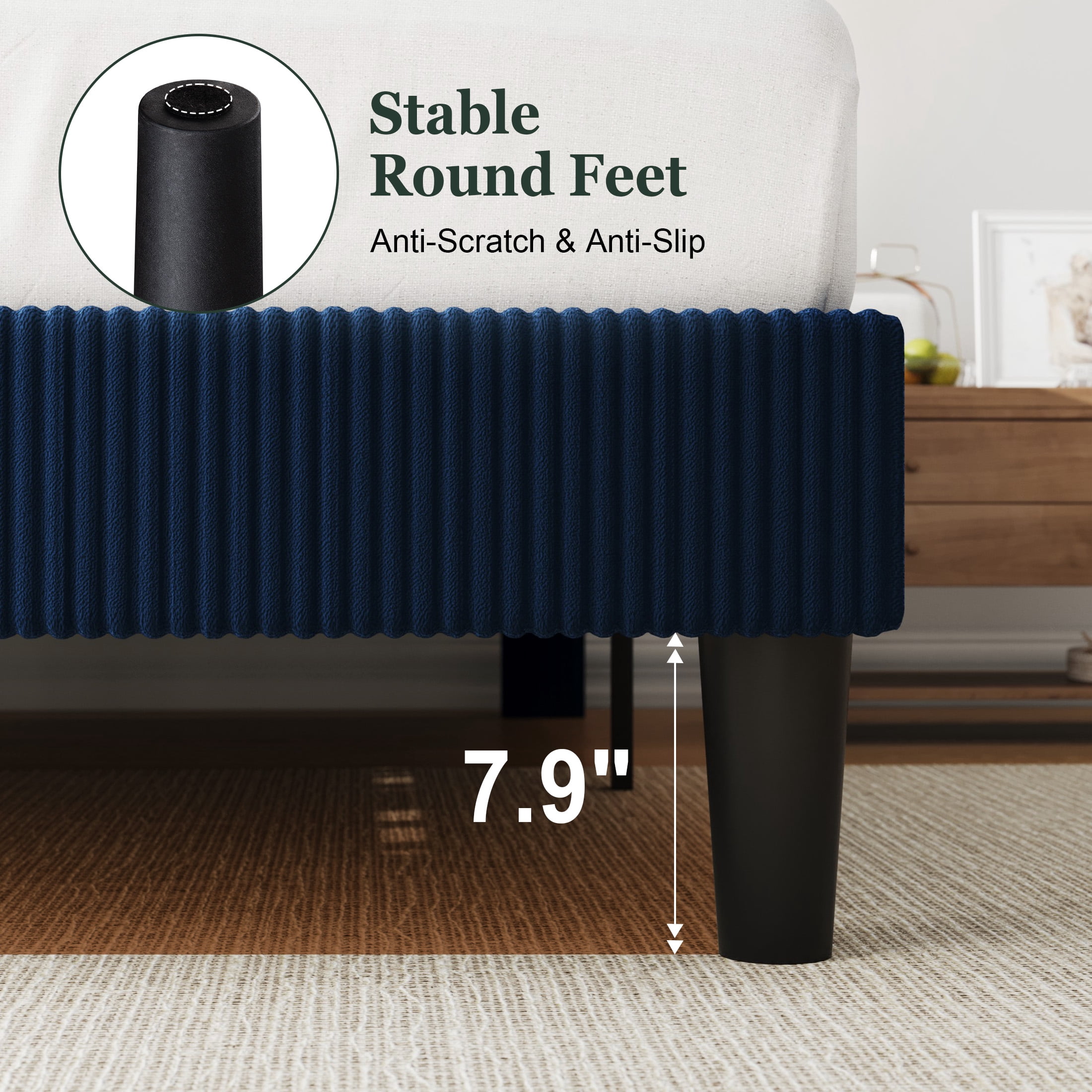 Amolife King Size Platform Bed Frame with Corduroy Fabric Upholstered Adjustable Height Headboard, Dark Blue