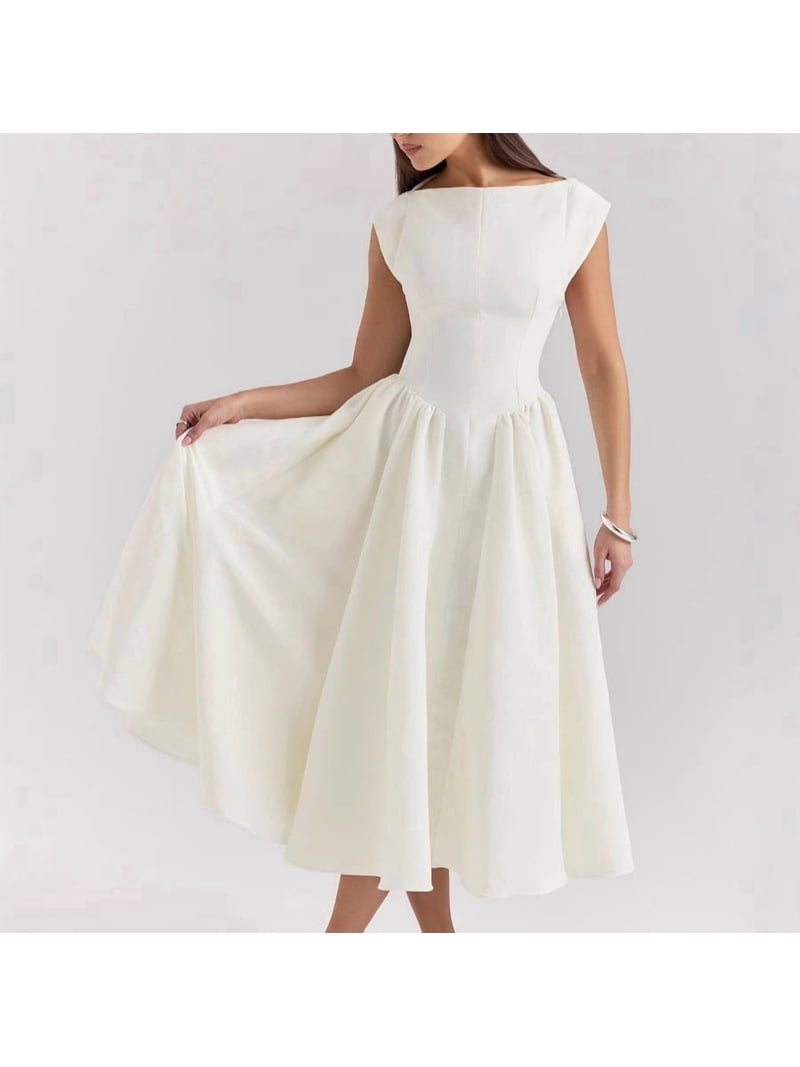 boat neck wedding guest dress Zapaka Women Sparkly Long Mother of the Bride Beaded Champagne Flutter Sleeves Ruched A Line Dress, Champagne / US16 Long sleeves provide modest coverage while the classic boat neckline frames the shoulders beautifully 2026 New Women's White Boat