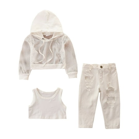 

Toddler Girls Spring Winter Long Sleeve Hoodie Coat Vest Tops White Color Pants 3PCS Outfits Clothes Set For 4-5 Years