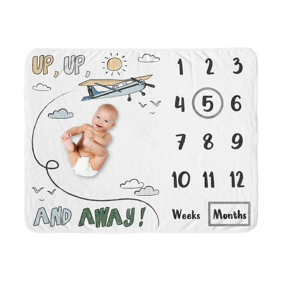 Sweet Jojo Designs Airplane Green and Blue Boy Fleece Milestone Baby Blanket 3 Piece Set