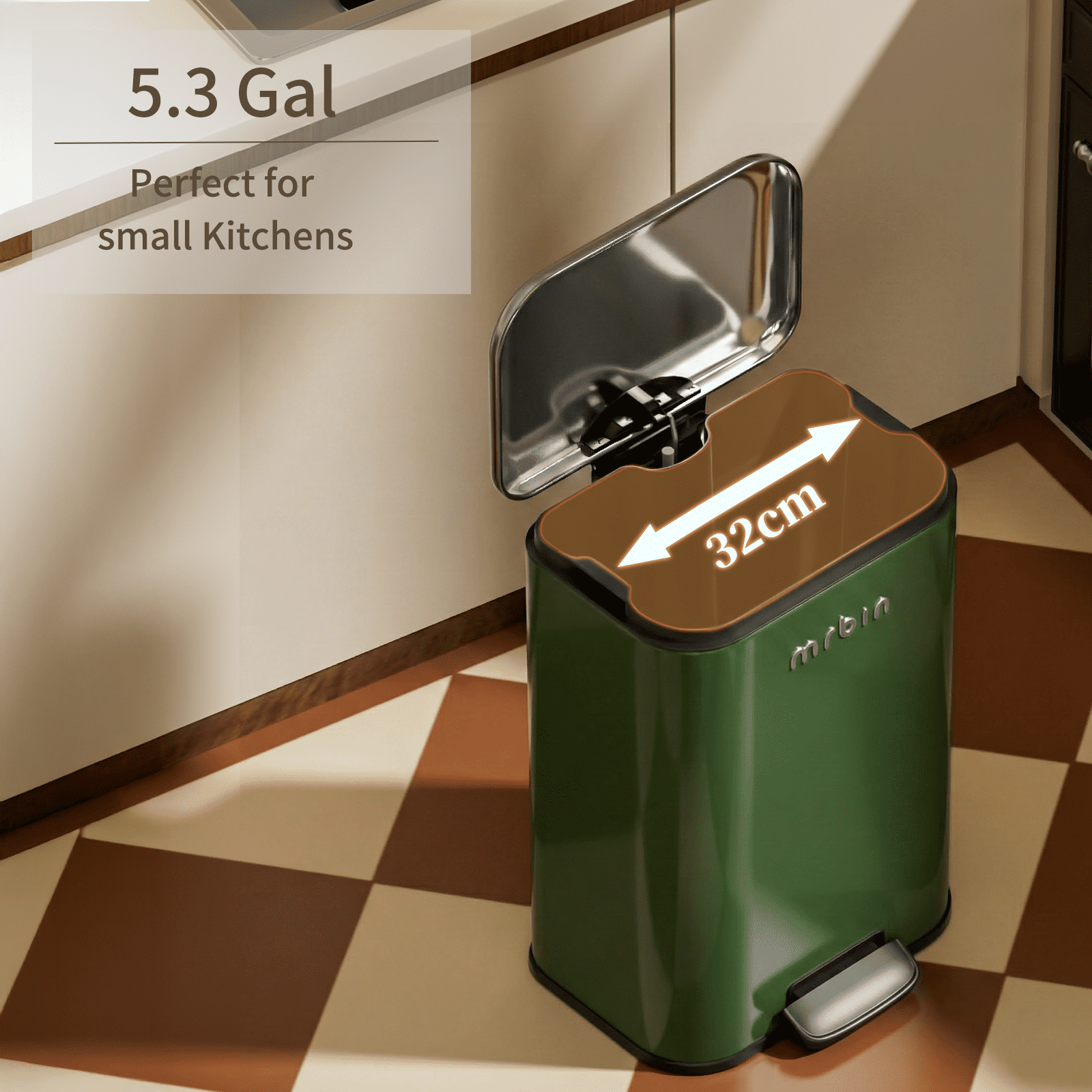 Mrbin Bathroom Trash Can with Lid, Metal Step Kitchen Waste Basket Touchless Soft Close, 20L / 5.2gal Rectangle Garbage Bucket with Stainless Steel Pedal for Office, Bedroom Accessories, Green