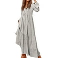 thumbnail image 3 of Women'S Boho Cotton Maxi Dress V-Neck Long Sleeve Flowy Beach Dress with Pockets and Buttons Light Grey M, 3 of 9