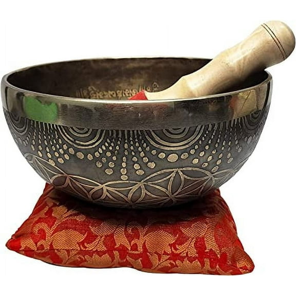 Devyom 12" Large Hand Hammered Tibetan Carving Singing Bowl Meditation Healing Bowl With Mallet And Silk Cushion