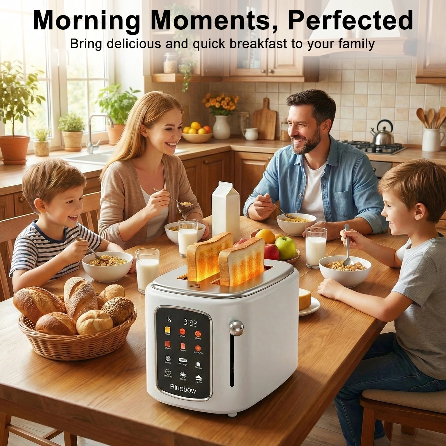 Bluebow 2-Slice Toaster, 1.5" Wide Slots, Touchscreen with 6 Bread Types & Shade Settings, Reheat, Defrost, Saved, Removable Tray, White