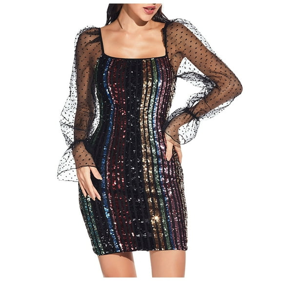 IROINNID Reduced Semi Formal Dress for Women Long Sleeve Sheath Dress Long-Sleeve Sequin Mesh Sexy-Neck Party Ball Gown Full Dress,Multicolor
