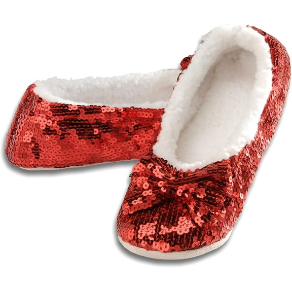 Snoozies Ballerina Bling Metallic Shine Women Slippers , Sequin House Slippers for Women , Slipper Socks with Grippers for Women , Cute Slippers for Women X-Large Red