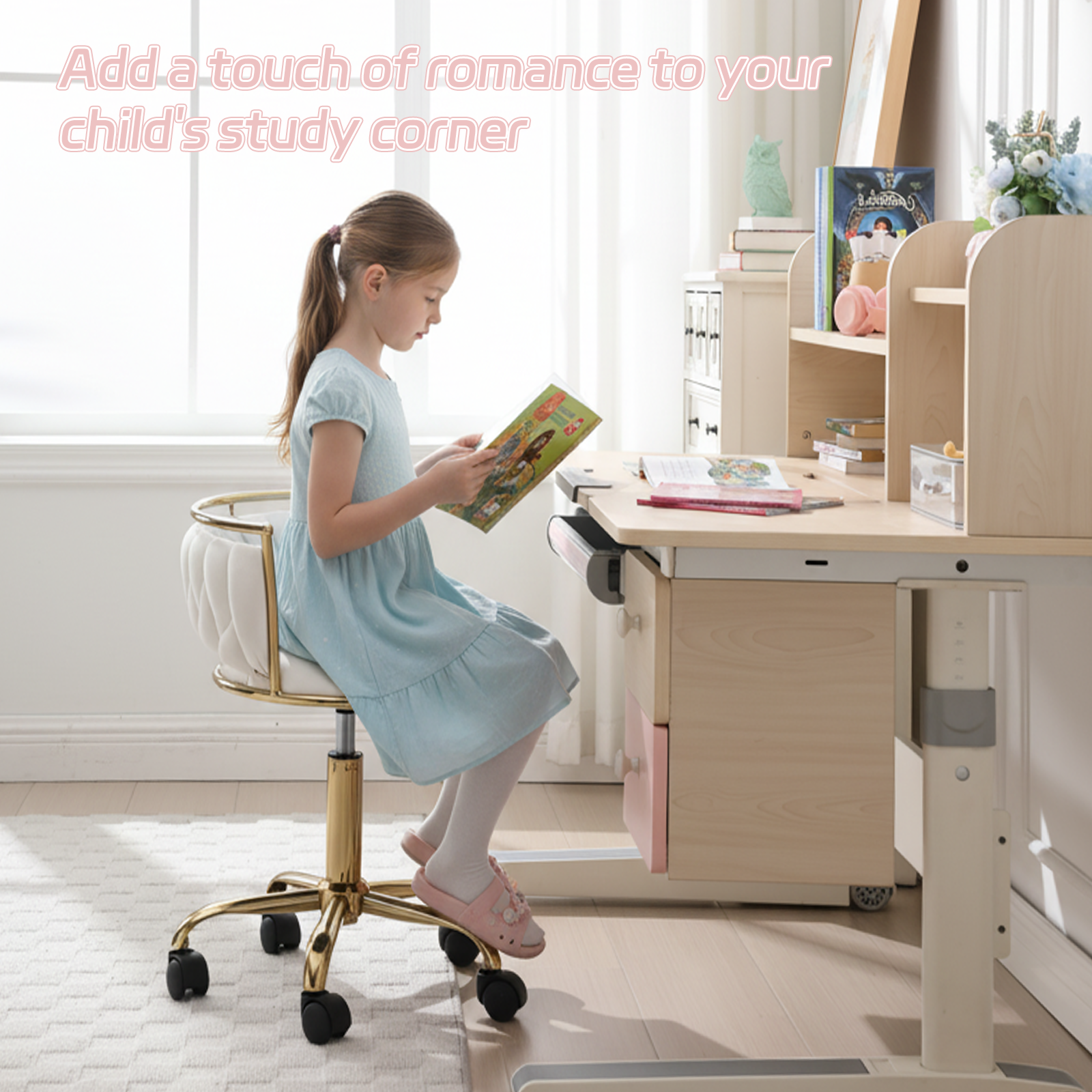 Guyou Kids Desk Chair, Velvet Rolling Swivel Children Chair, Adjustable Student Task Chair, Curved Woven Backrest Vanity Chair for Bedroom Dormitory Children Gifts, White