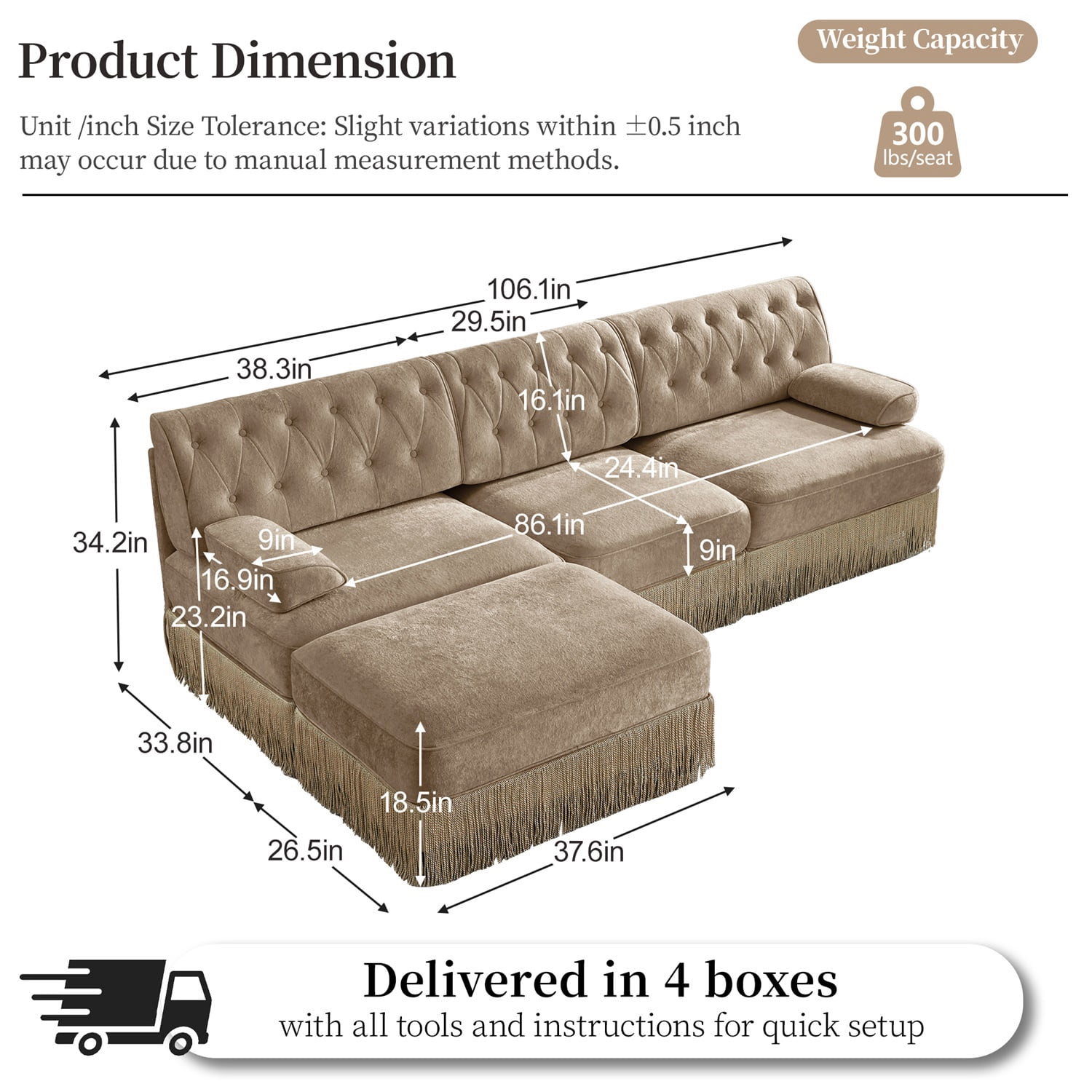 Hommoo 3-Seater Chesterfield Style Velvet Fabric L-Shaped Sectional Sofa, Tufted Button Upholstered Design and Floor-grazing Tassel, Free Combination Sofa Couch Set, for Home, Camel