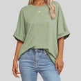 thumbnail image 2 of Camiseta oversize de cuello redondo y manga corta para mujer - 60 % mezcla de poliéster, diseño con mangas enrolladas, top básico informal para el día a día en verano, 2 of 8