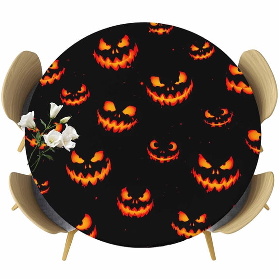 Round Table Cover 36-44 Inch Halloween Waterproof Reusable Table Cloth Round Fitted Vinyl Tablecloth with Elastic Edged for Parties Outdoors, Orange Red Horror Classic Black
