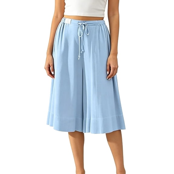 Tnhcen Women's 100% Cotton Prewashed Wrinkled Light Blue Drawstring Waist Seven Inch Casual Pants Elastic Waistband Culotte Trousers Loose Fit Comfortable Plus Size S-2XL