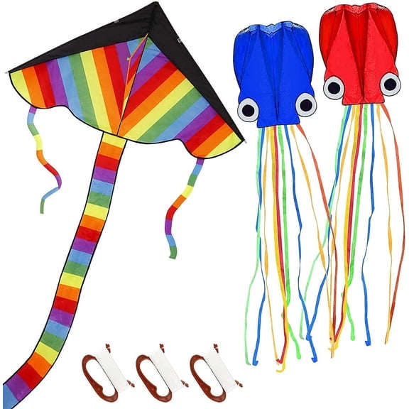 TOY Life Kites for Kids Easy to Fly - 3 Pack Kids Kites - Large Rainbow Delta Kite and 2 Giant Octopus Kite - Kite for Kids Ages 4-8 - Flying Kites for Children - Kites for The Beach - Easy Fly Kites