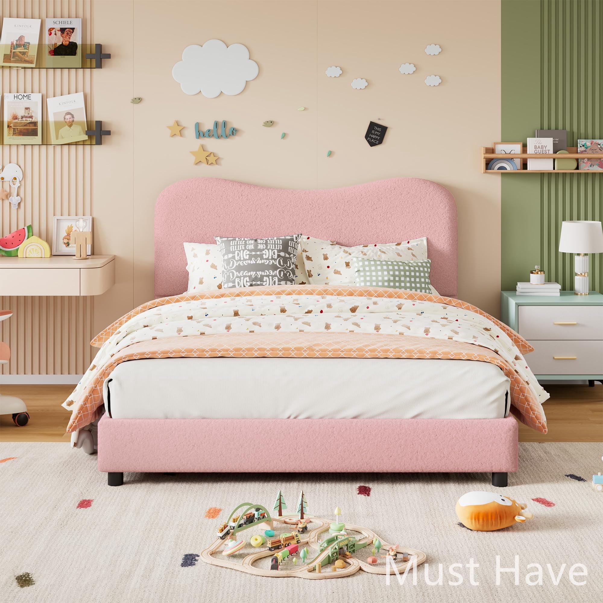 Jojoka Modern Queen Bed Frame Upholstered in Soft Boucle Fabric, Sturdy Wooden Slats, No Gap Headboard, Easy Assembly, No Box Spring Needed, Pink