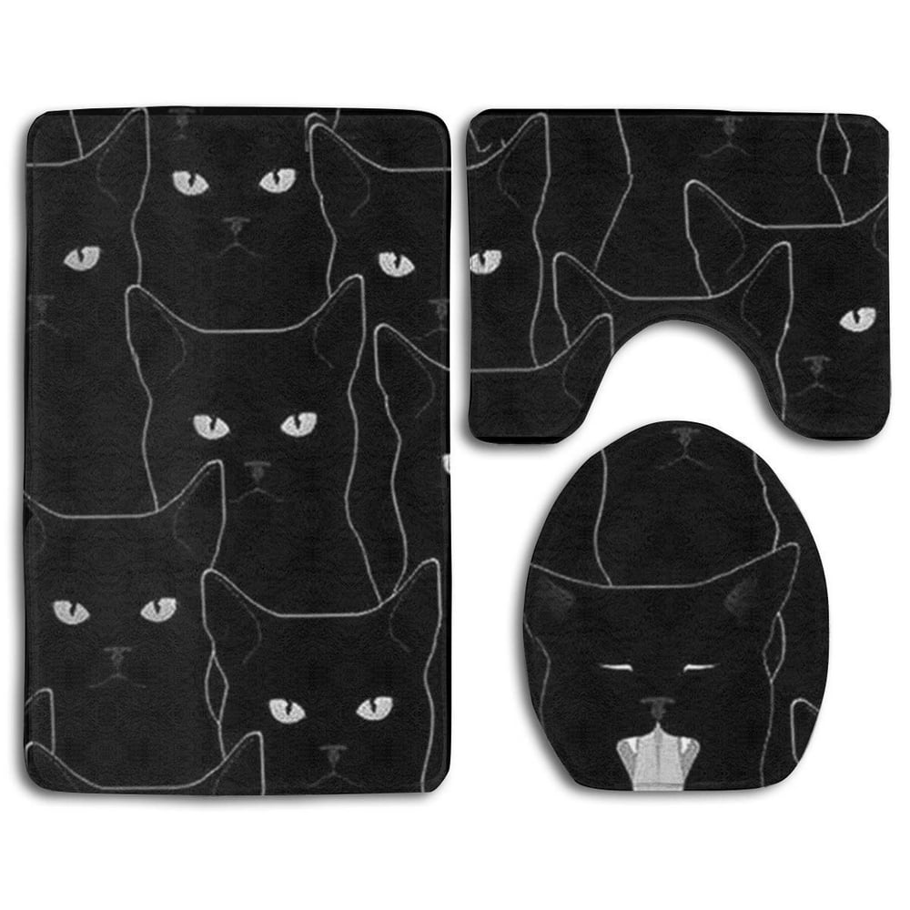 PUDMAD Black Cat 3 Piece Bathroom Rugs Set Bath Rug Contour Mat and