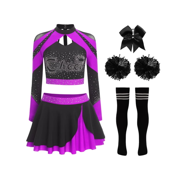 Runhomal Womens Shiny Cheerleading Uniform Set Long Sleeve Crop Top With Rhinestones Skating Skirt Purple B S