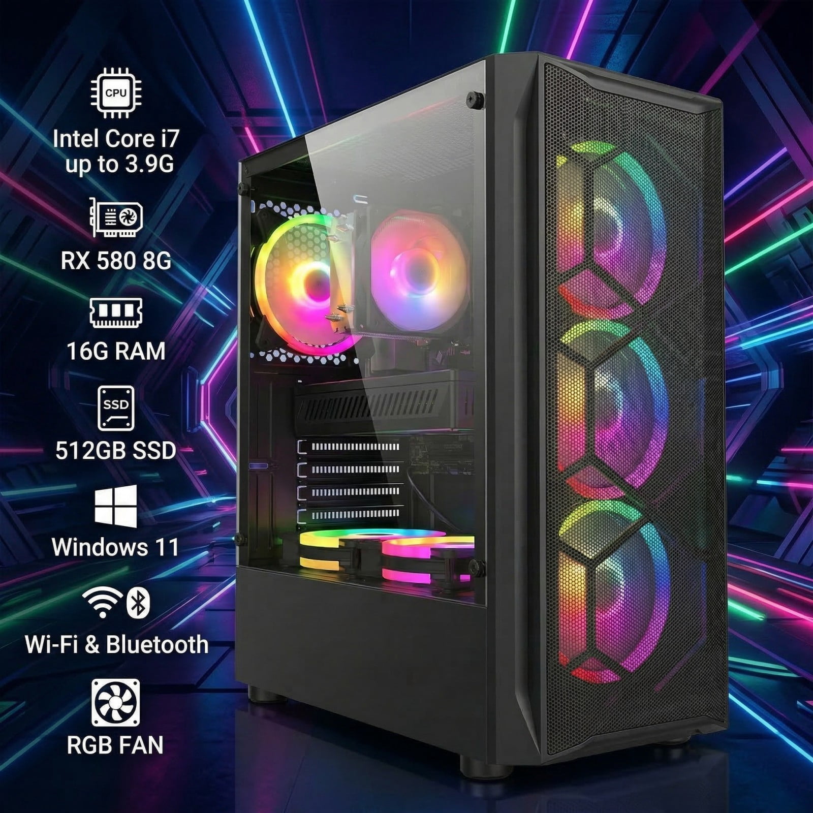 STGAubron Gaming Desktop PC, Intel Core I7 up to 3.9G, RX 580 8G, 16G RAM, 512G SSD, WiFi 6, BT 5.2, RGB Fan x4, Win 11 Home